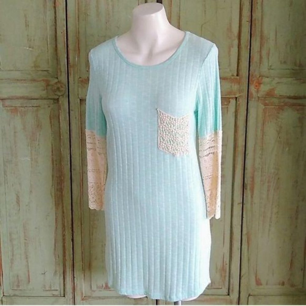 Orange Creek Top Fitted Knit Ribbed Lace Turquoise